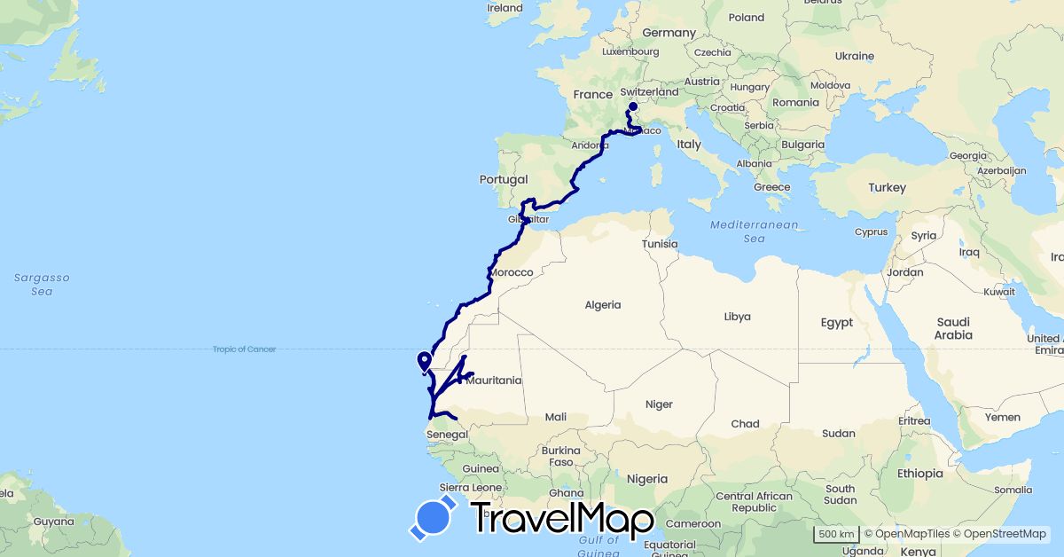TravelMap itinerary: driving in Spain, France, Morocco, Mauritania, Senegal (Africa, Europe)