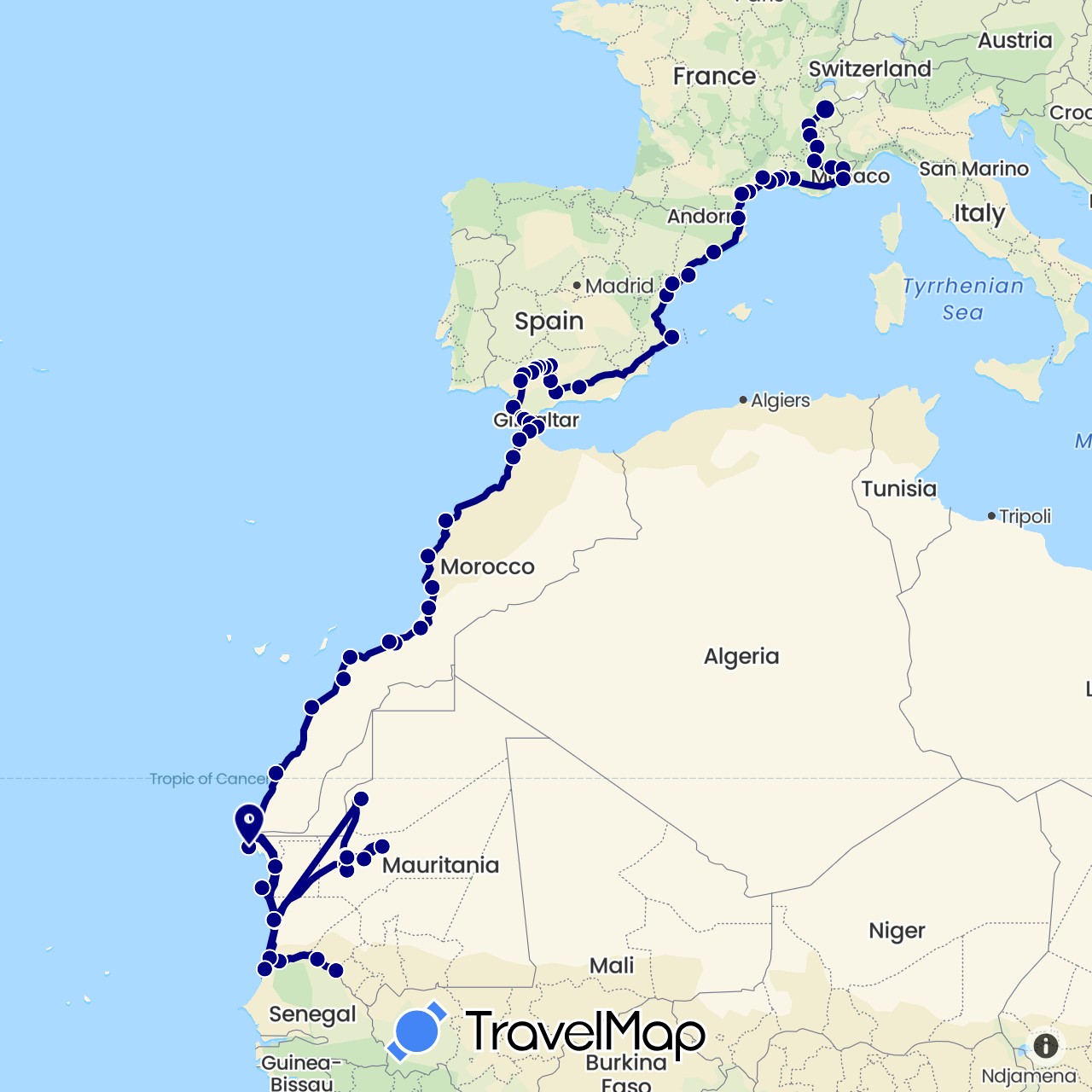 TravelMap itinerary: driving in Spain, France, Morocco, Mauritania, Senegal (Africa, Europe)