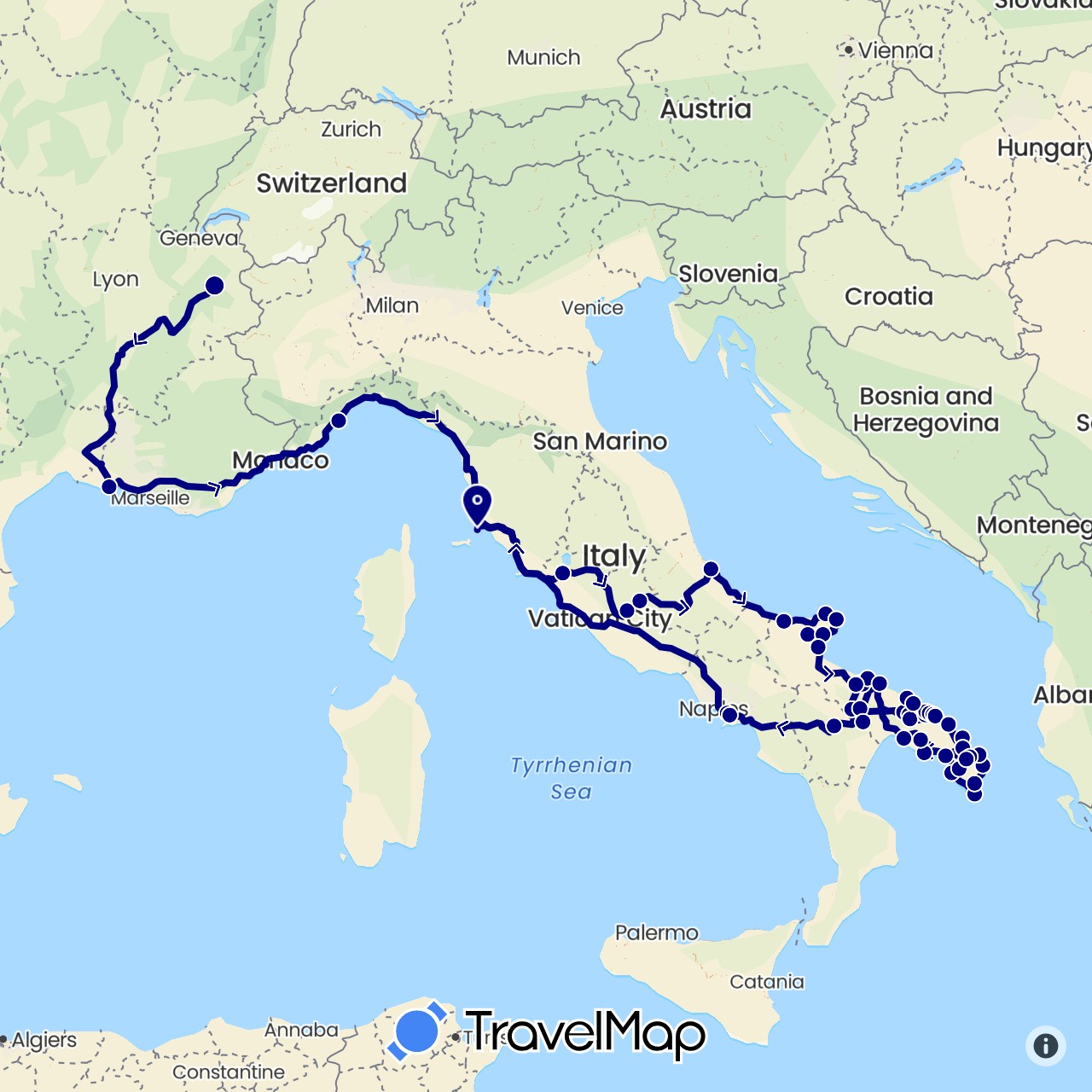 TravelMap itinerary: driving in France, Italy (Europe)