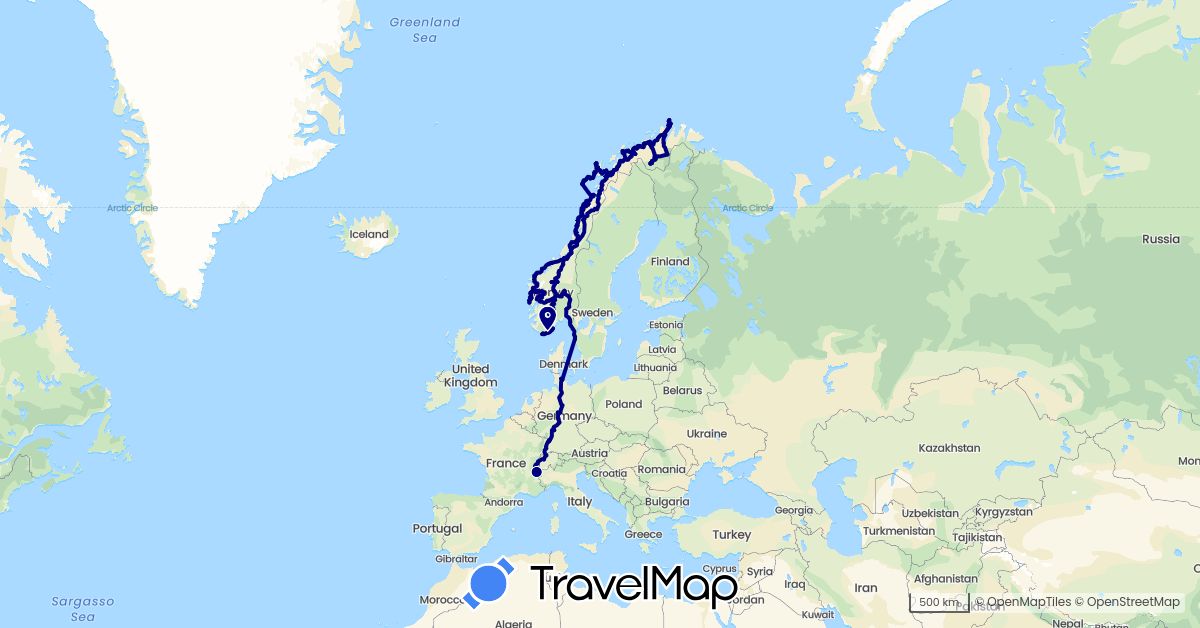 TravelMap itinerary: driving in Switzerland, Germany, France, Norway, Sweden (Europe)