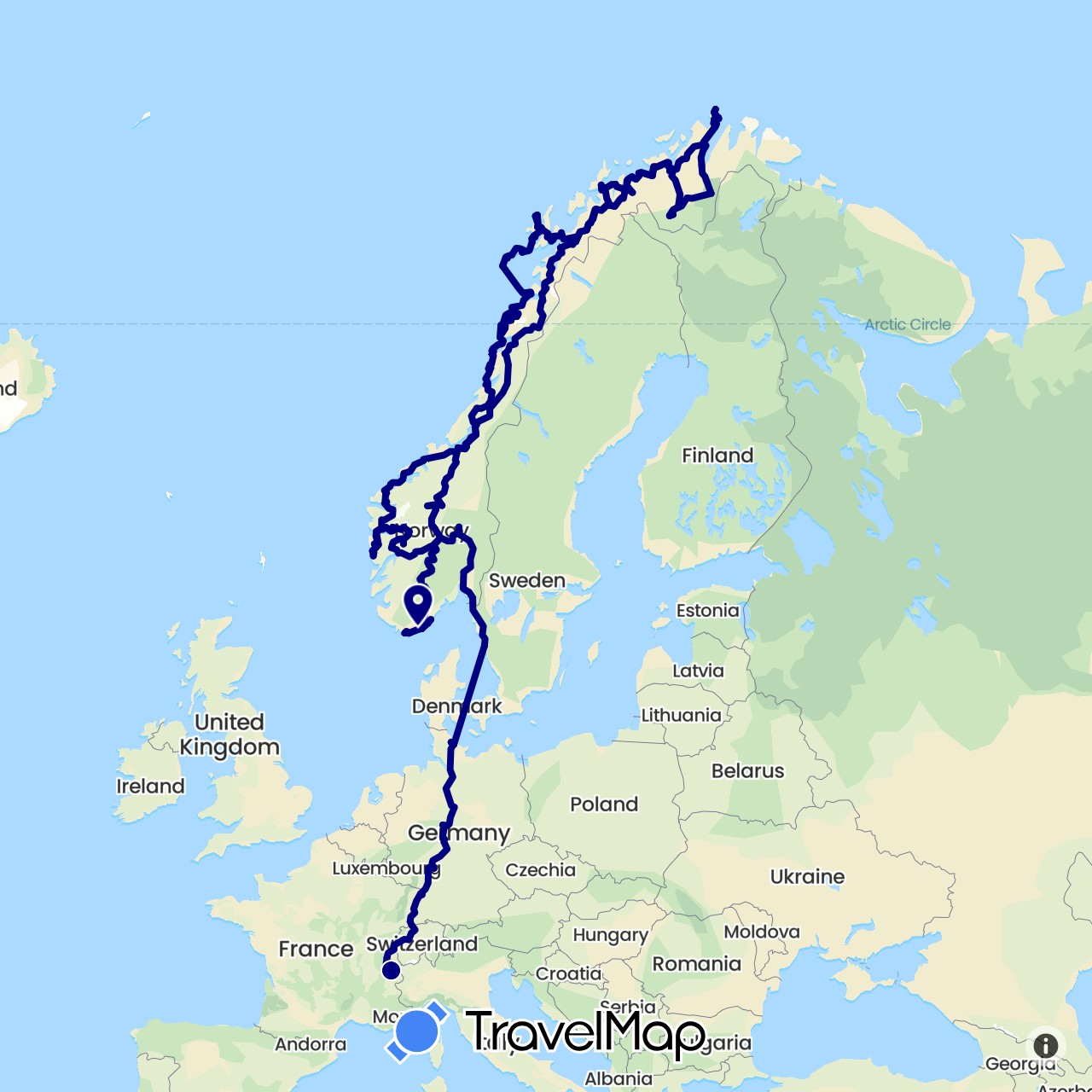 TravelMap itinerary: driving in Switzerland, Germany, France, Norway, Sweden (Europe)