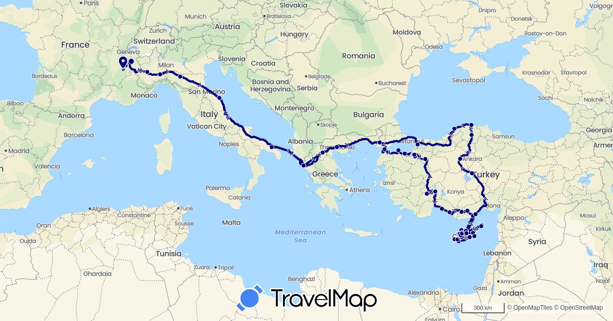 TravelMap itinerary: driving in Cyprus, France, Greece, Italy, Turkey (Asia, Europe)