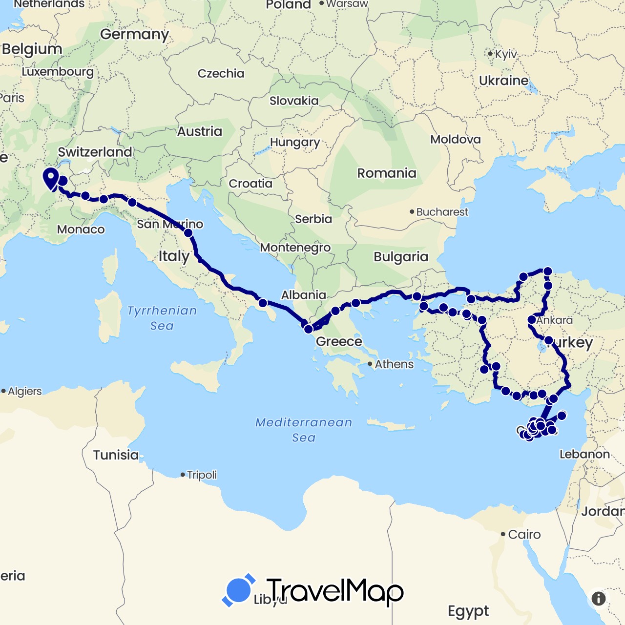 TravelMap itinerary: driving in Cyprus, France, Greece, Italy, Turkey (Asia, Europe)
