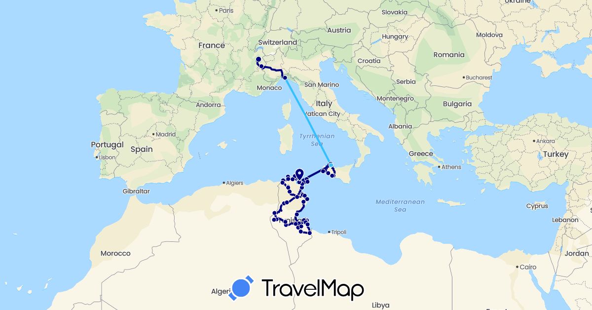 TravelMap itinerary: driving, boat in France, Italy, Tunisia (Africa, Europe)