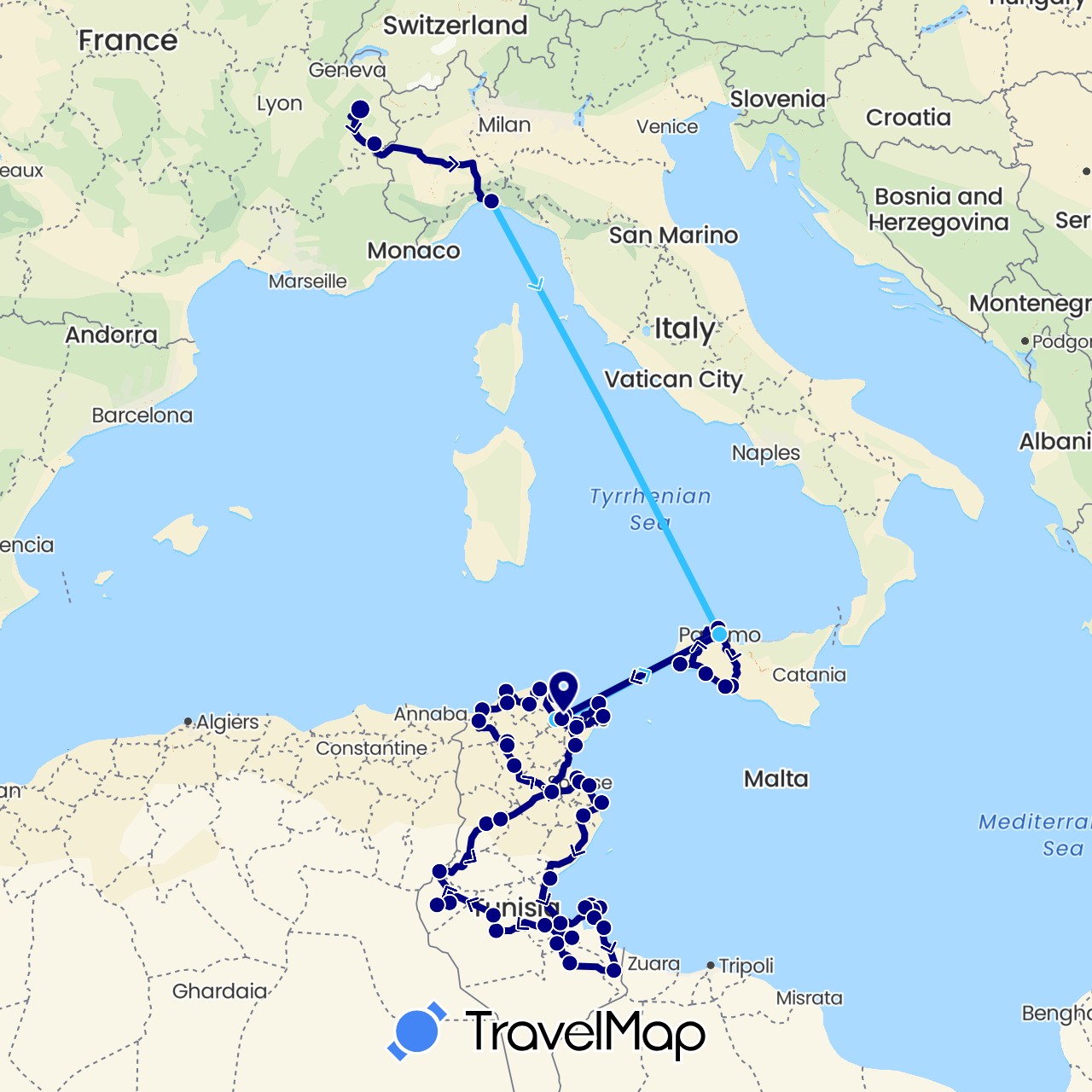 TravelMap itinerary: driving, boat in France, Italy, Tunisia (Africa, Europe)