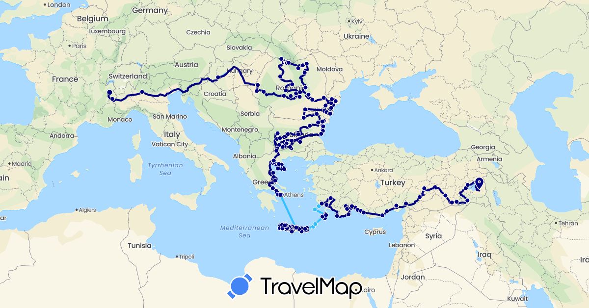 TravelMap itinerary: driving, boat in Bulgaria, France, Greece, Hungary, Italy, Romania, Turkey (Asia, Europe)