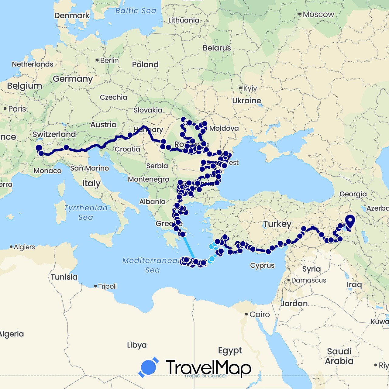 TravelMap itinerary: driving, boat in Bulgaria, France, Greece, Hungary, Italy, Romania, Turkey (Asia, Europe)