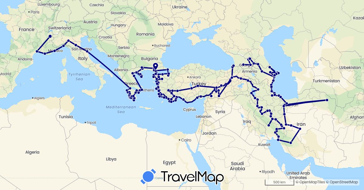 TravelMap itinerary: driving in Azerbaijan, France, Georgia, Greece, Iran, Italy, Turkey (Asia, Europe)
