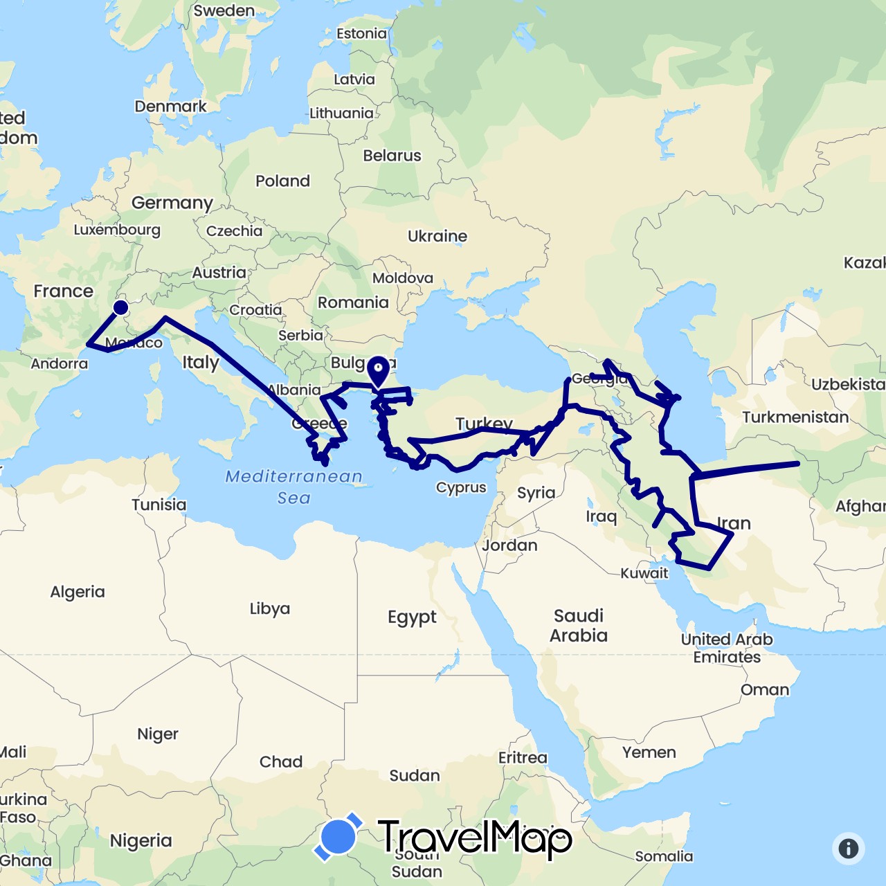 TravelMap itinerary: driving in Azerbaijan, France, Georgia, Greece, Iran, Italy, Turkey (Asia, Europe)